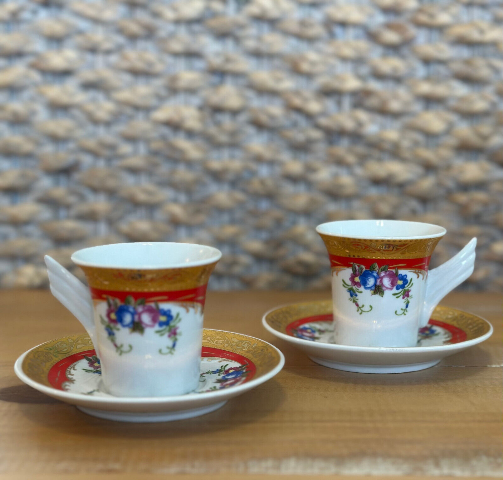 Pair Rosenthal Mythos Espresso Red Gold with Floral Design Cup And Saucer