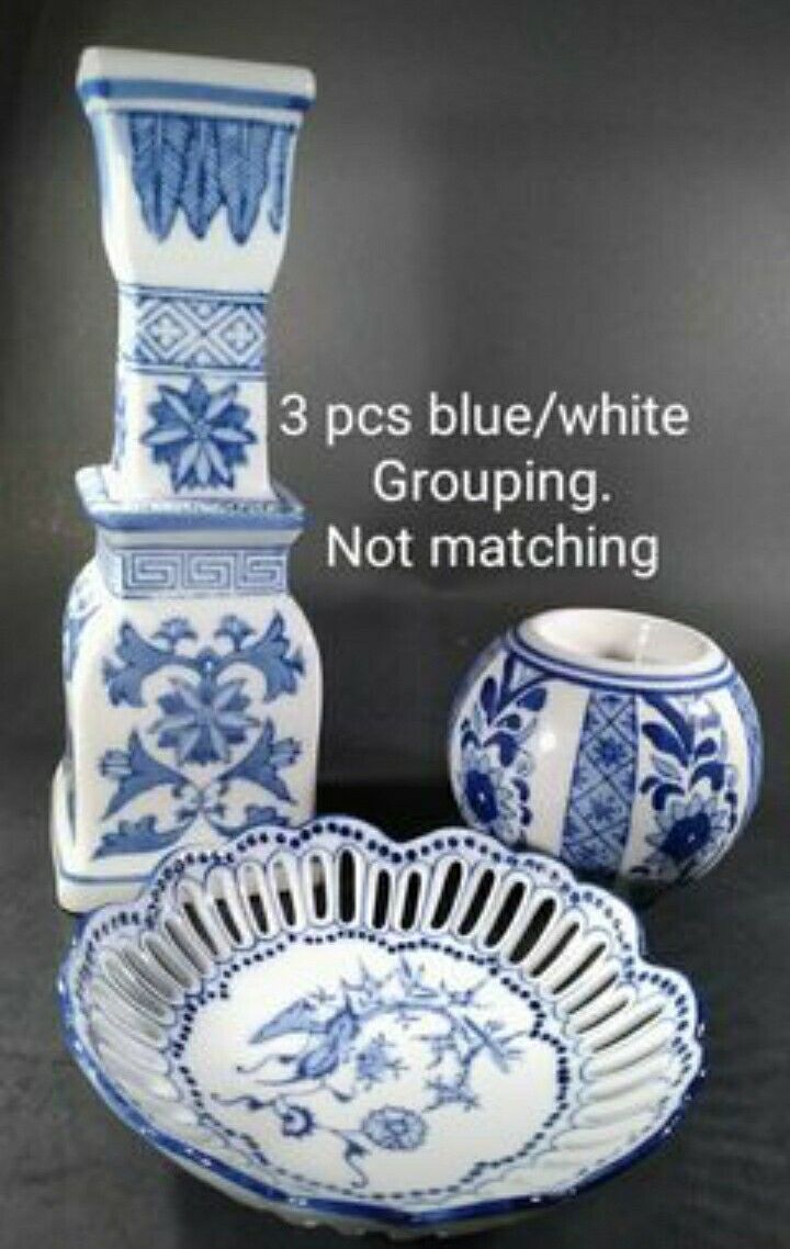 Vintage 3 pcs Blue White Grouping Candle Holders + Trinket Dish Cpics C+ NeWWeeK