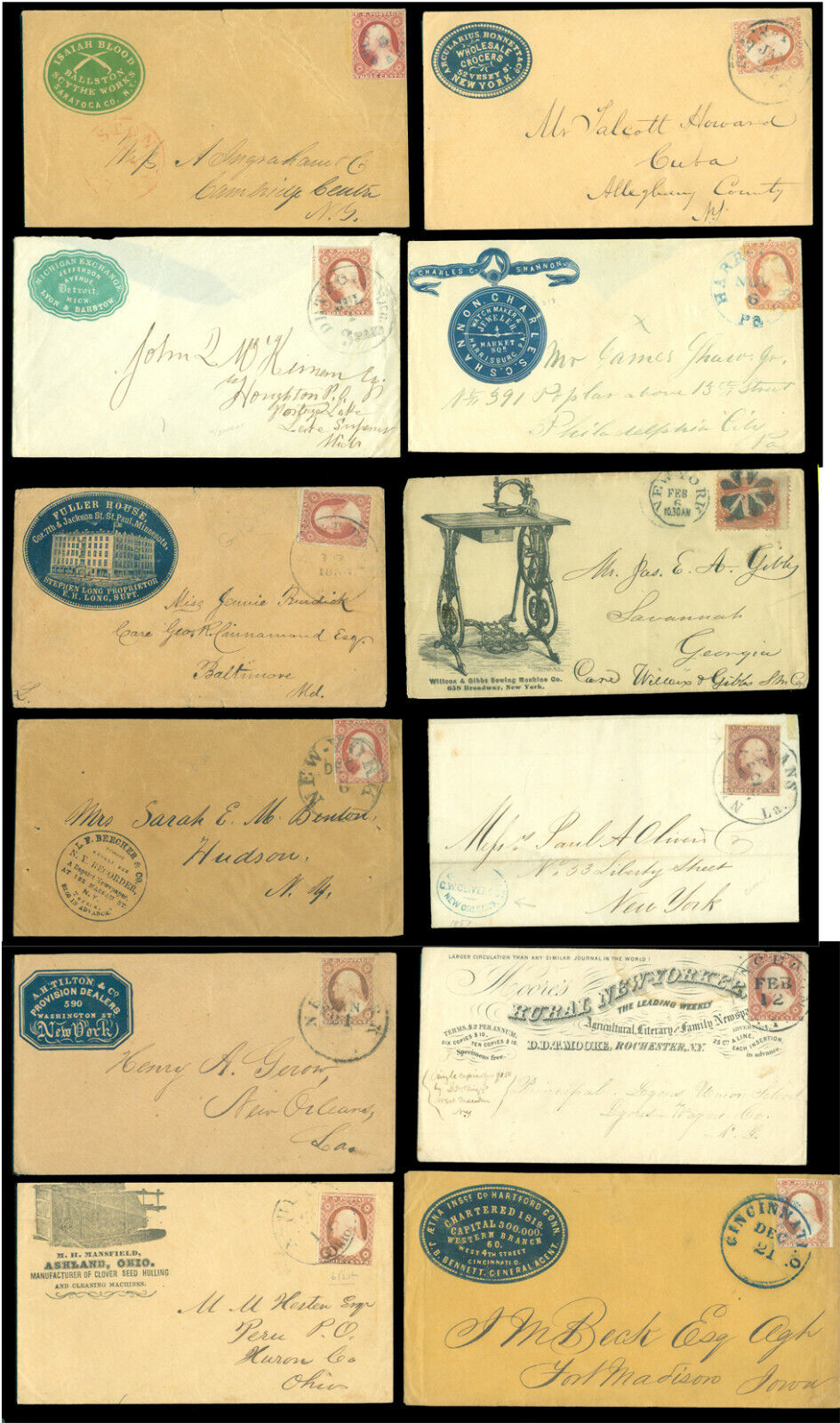 US 1850s Washington  3c red IMPERF. (various) coll. of 12 diff. CACHET AD covers