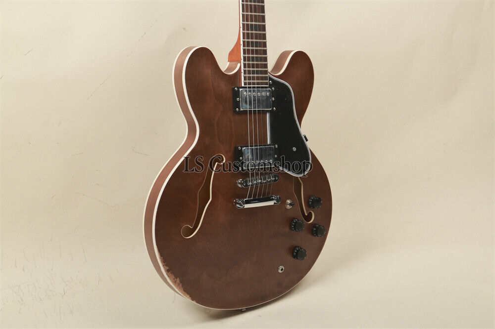 Custom Semi Hollow Body Vintage Relic Jazz 335 Electric Guitar Brown US Stock