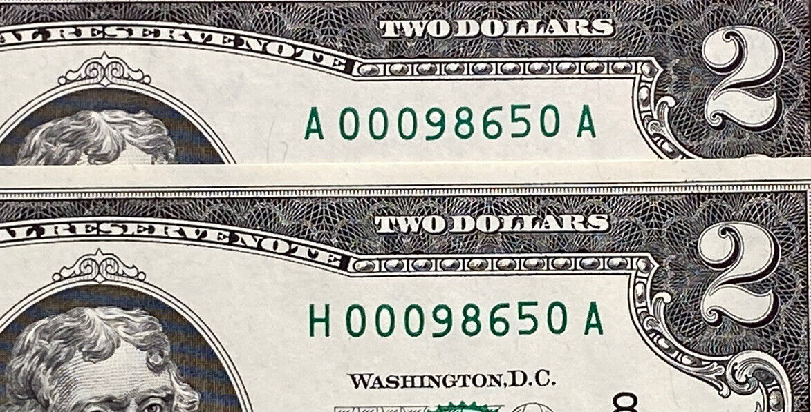 AMAZING,MATCHING SERIAL NUMBER $2 DOLLAR PAIR (2017A BOSTON And ST LOUIS ) UNC