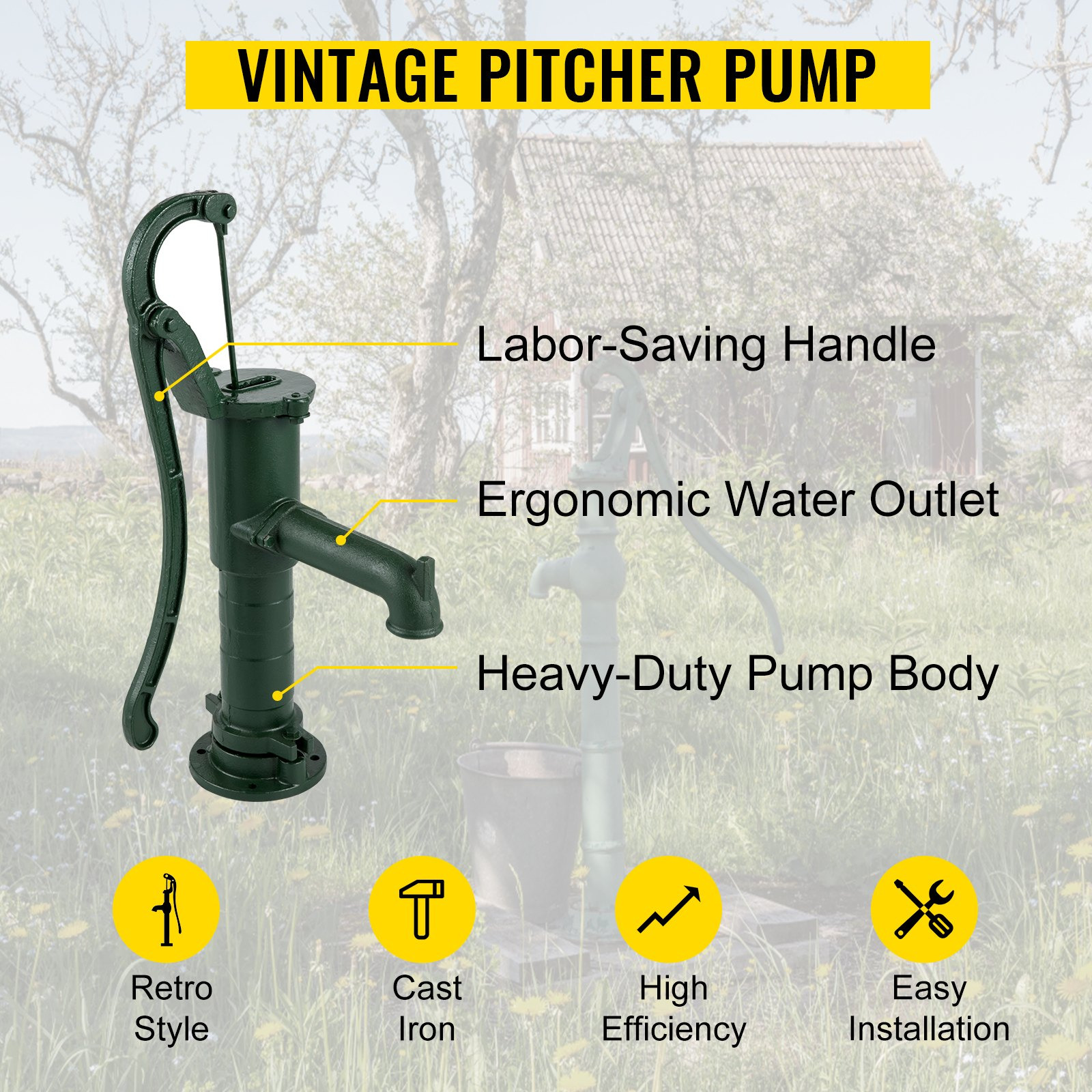 VEVOR Antique Hand Water Pump 14.6 x 5.9 x 26 inch Pitcher Pump w/Handle Cast Ir