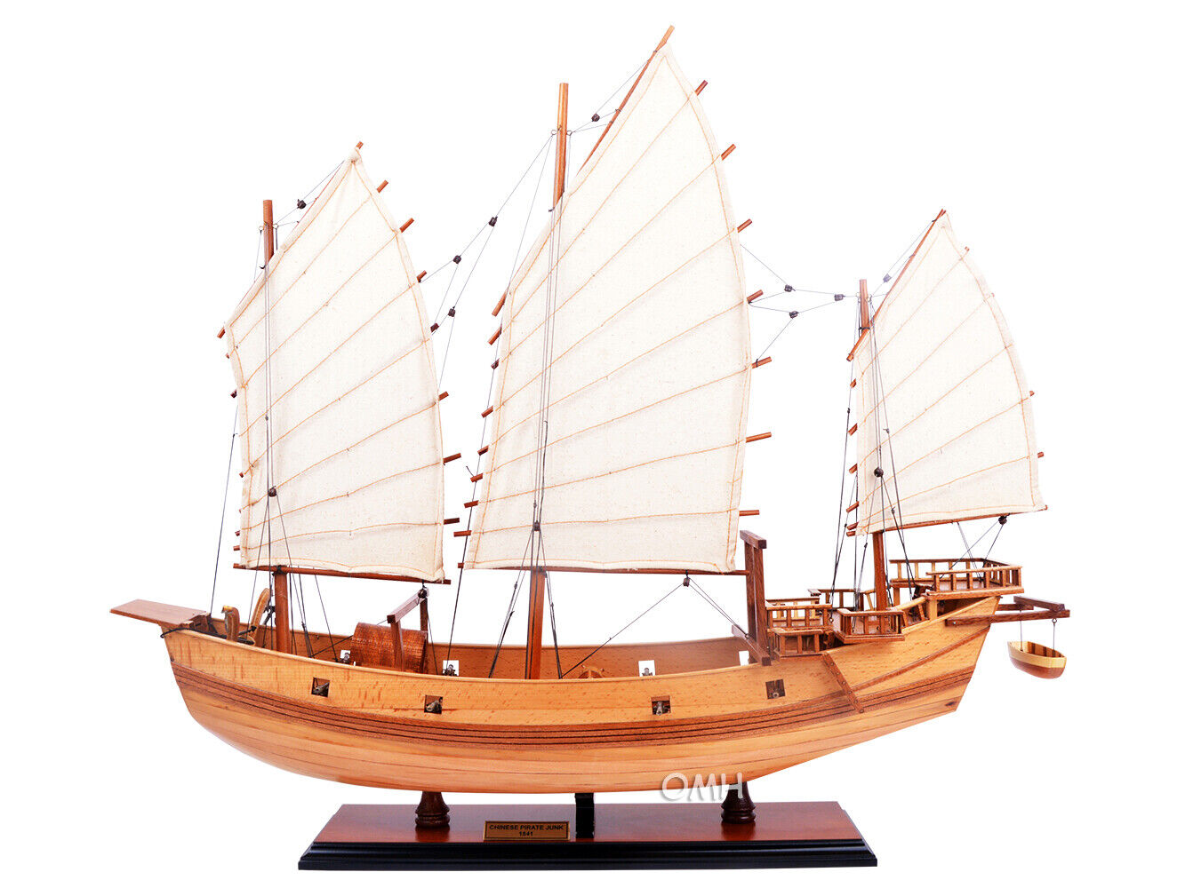 27 Inch Chinese Junk Natural Finish Wooden Boat Model Replica