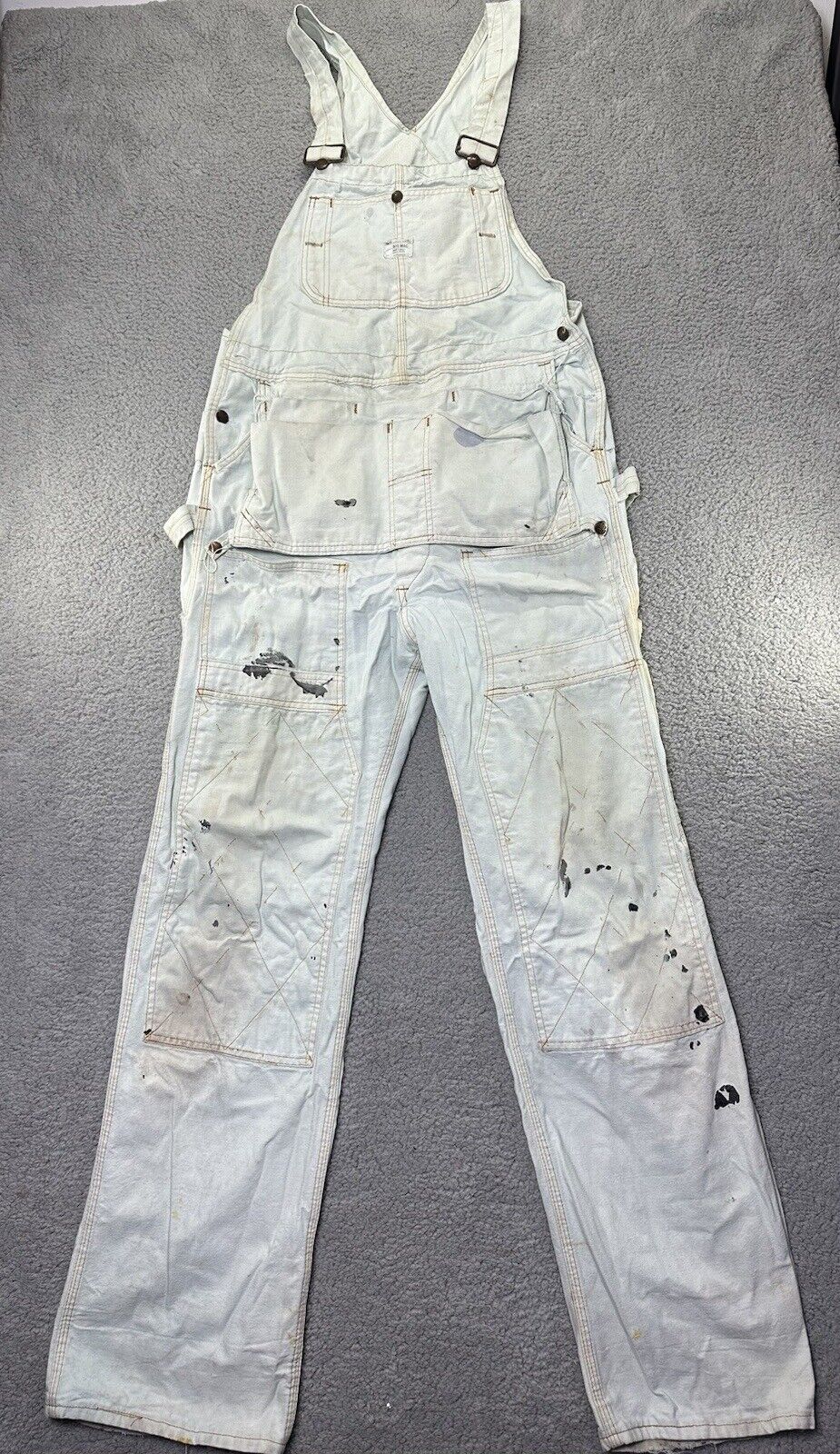 VTG 60s 70s Montgomery Ward Big Mac White Double Knee Overalls Distressed Paint