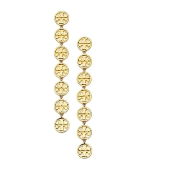 NEW Tory Burch Gold Long Logo Linear Drop Earrings