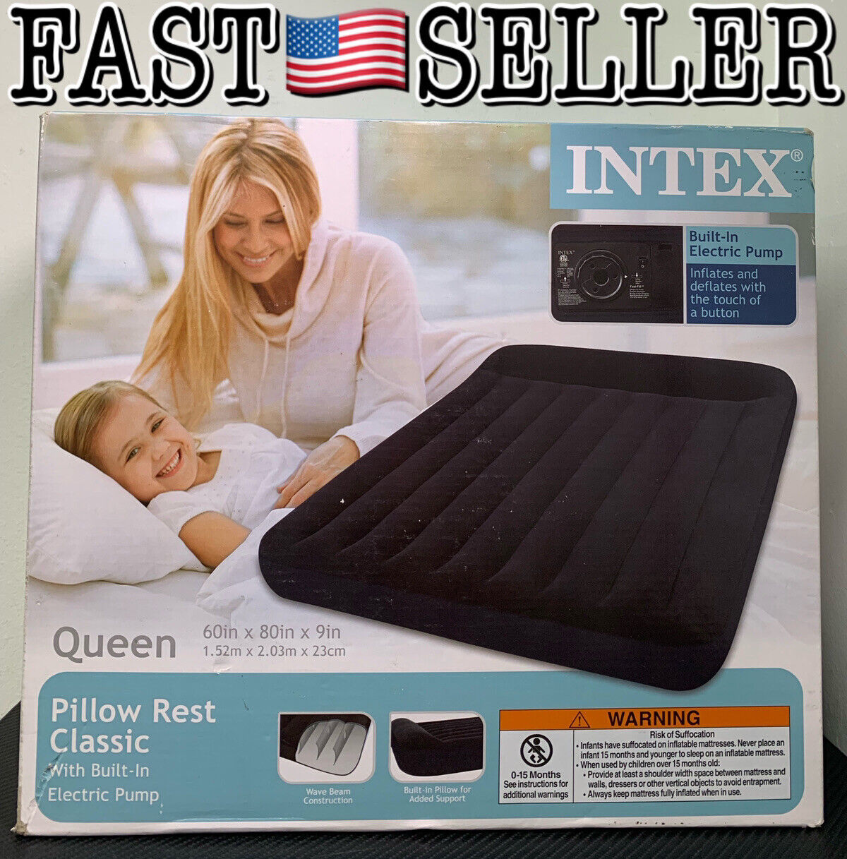 Intex Classic Queen Air bed With Built-In Eletric Pump And Pillow Rest - NEW