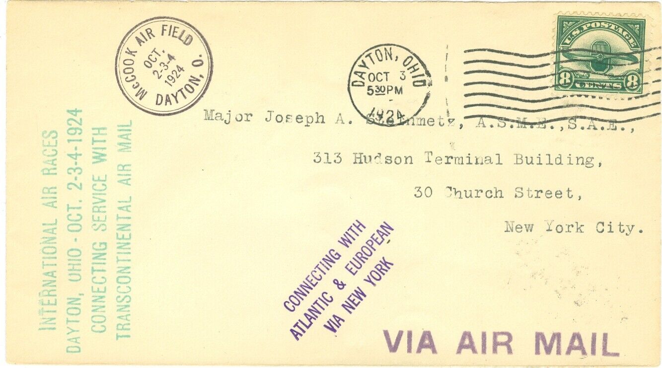 1924 U.S GOV\'T #168 AIR RACES AIR MAIL FLIGHT COVER DAYTON,OHIO TO NEW YORK,C4