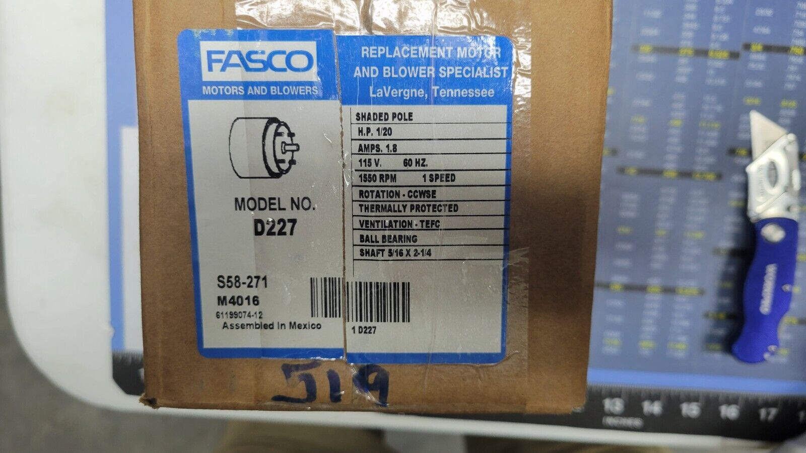 FASCO D227 SHADE POLE 1/20 HP 1.8 AMPS 115V 60HZ 1550 RPM 1 SP
