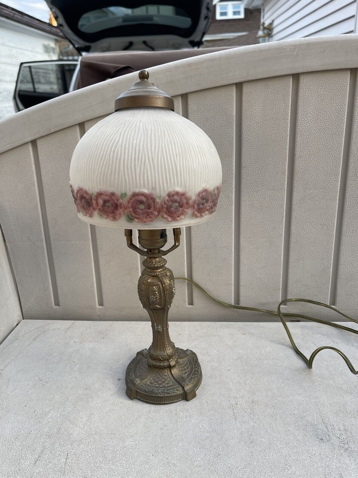 Antique  Boudoir 15” Lamp Design with puffy reverse painted shade w/maroon