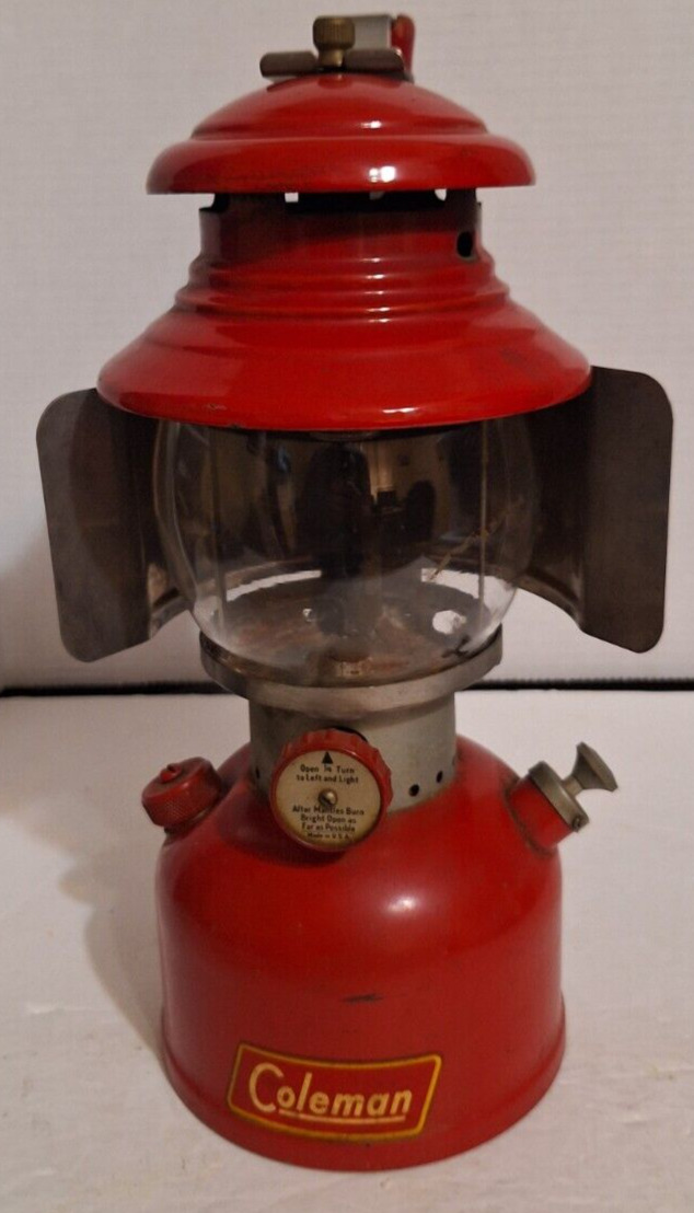 Vintage 1953 Coleman Lantern 200A Red Single Mantle  w/Wooden Handle Reflector