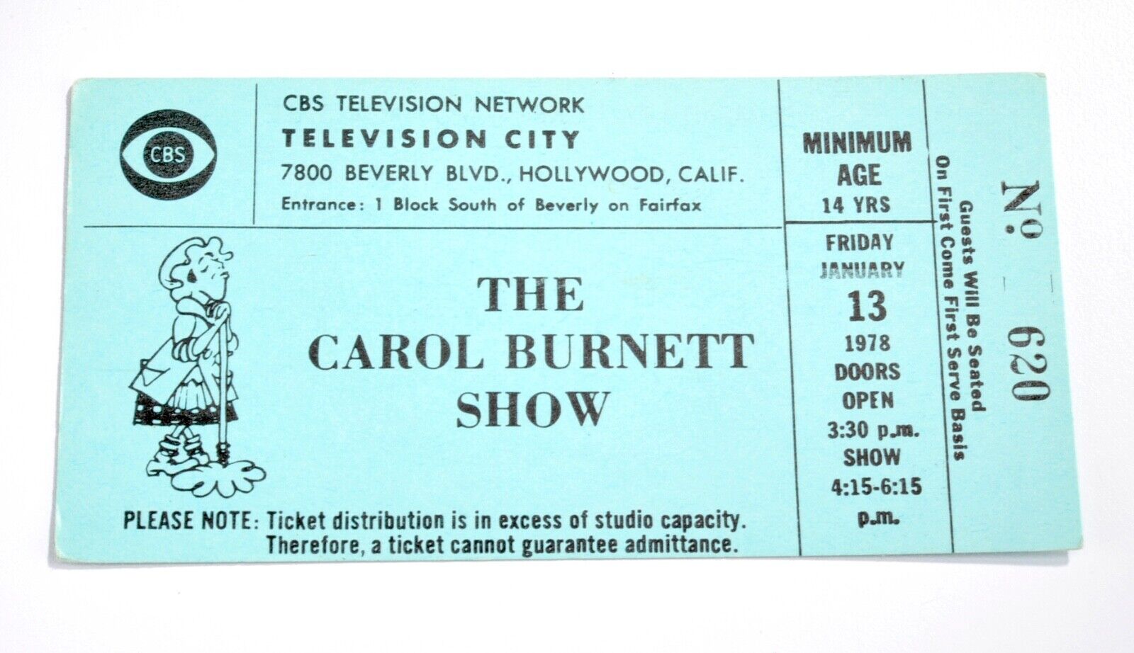CAROL BURNETT SHOW January 1978 Ticket Stub CBS TV Network One Of The Last Shows