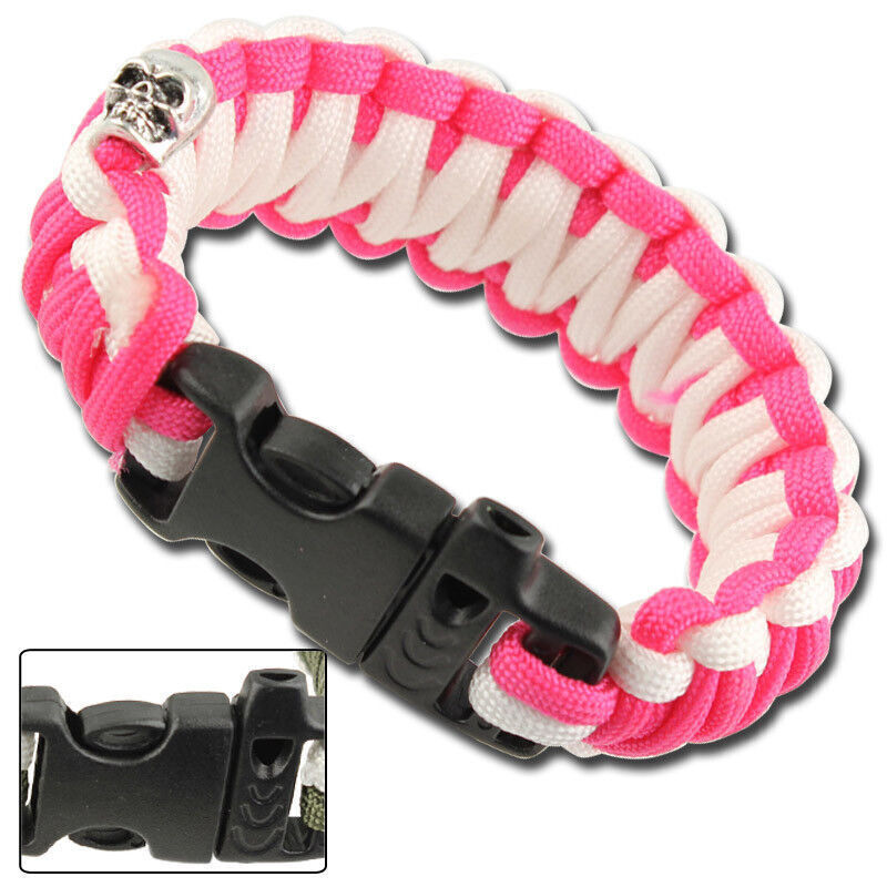 Skullz 550 Paracord Survival Bracelet Pink/White Parachute Cord, With Whistle