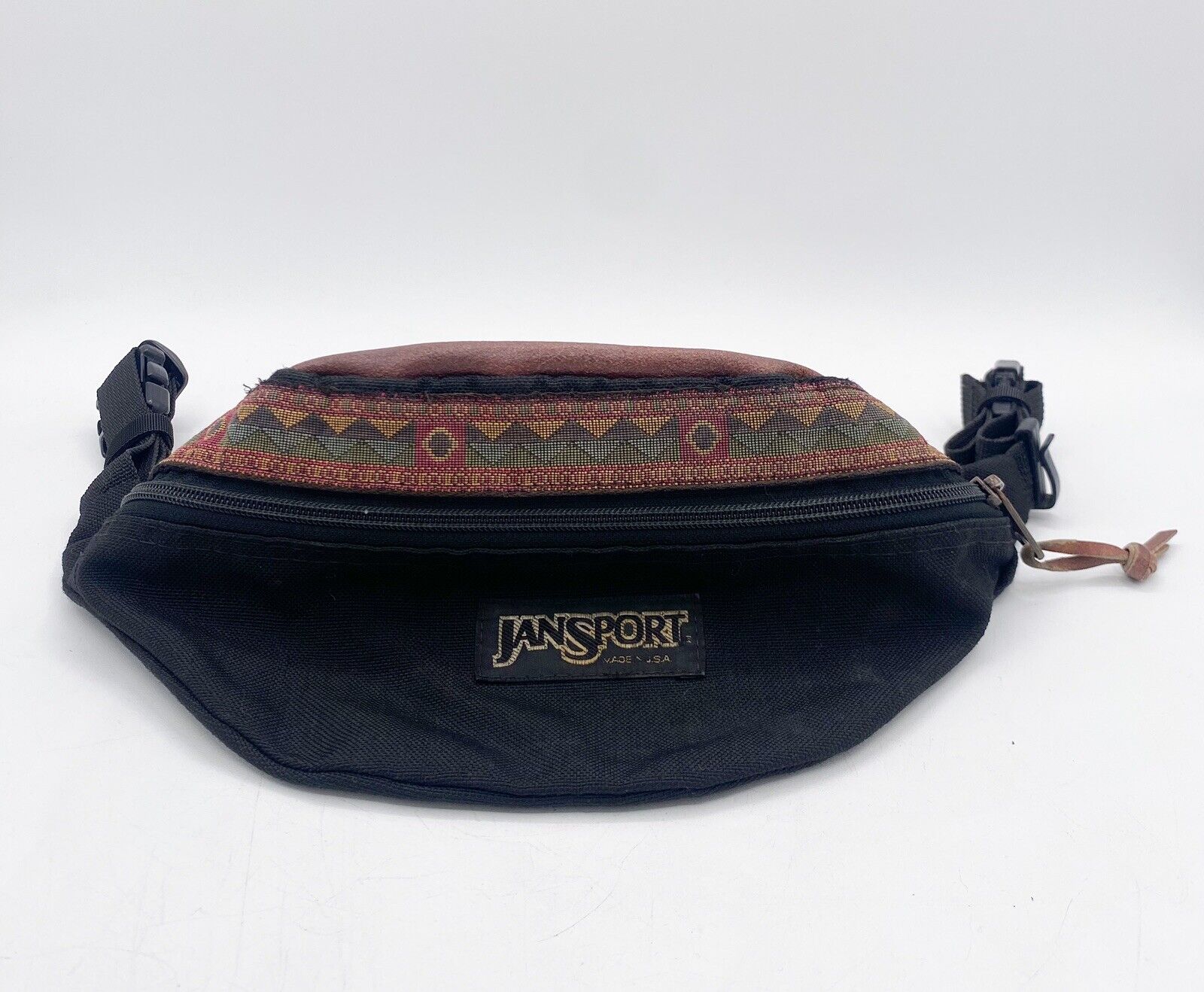 Vintage JanSport Southwest Aztec Style Leather Top Fanny Pack Made In USA RARE