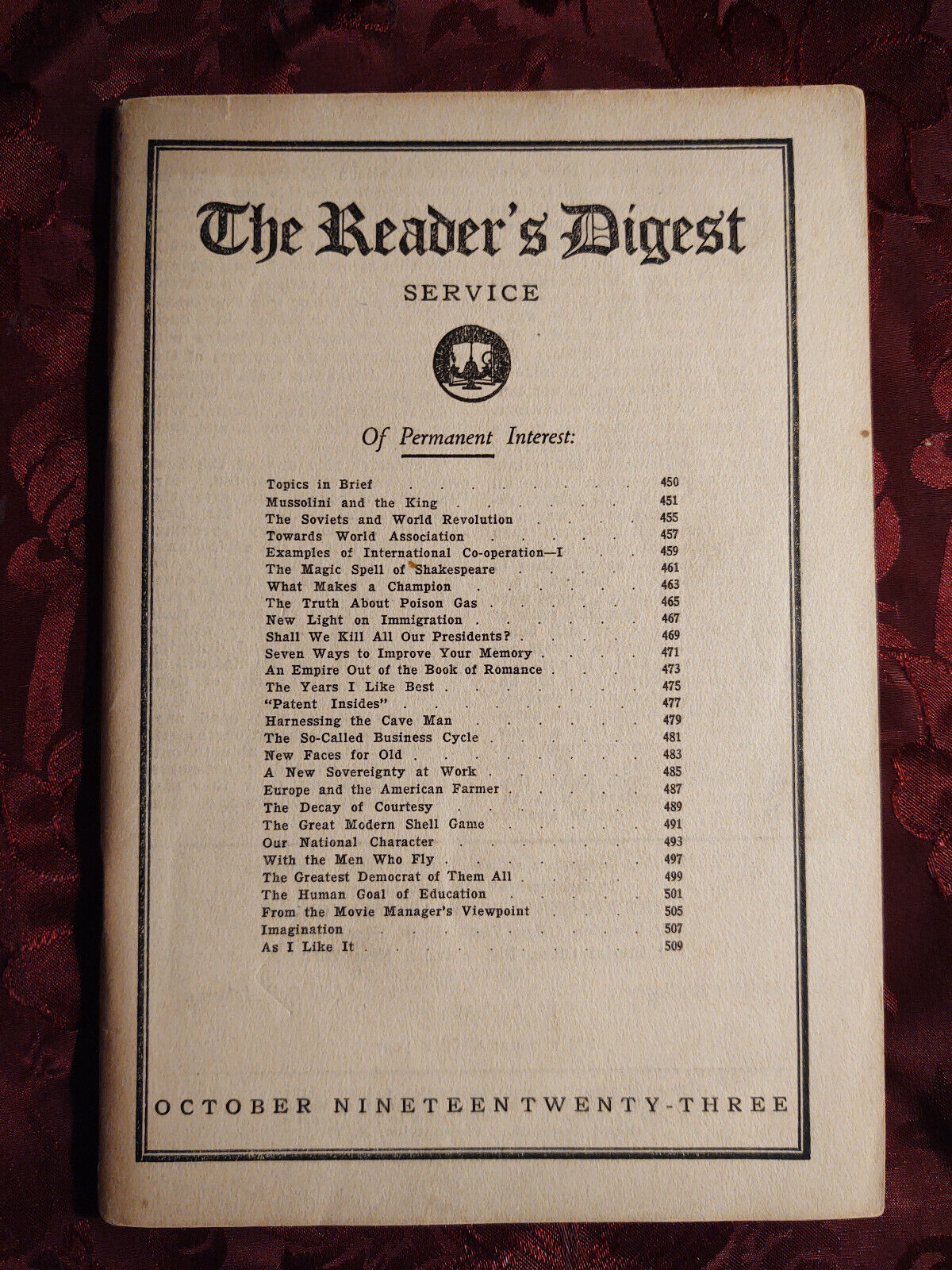 RARE Reader\'s Digest October 1923 Charles H. Sherrill Walter Camp Sidney Howard