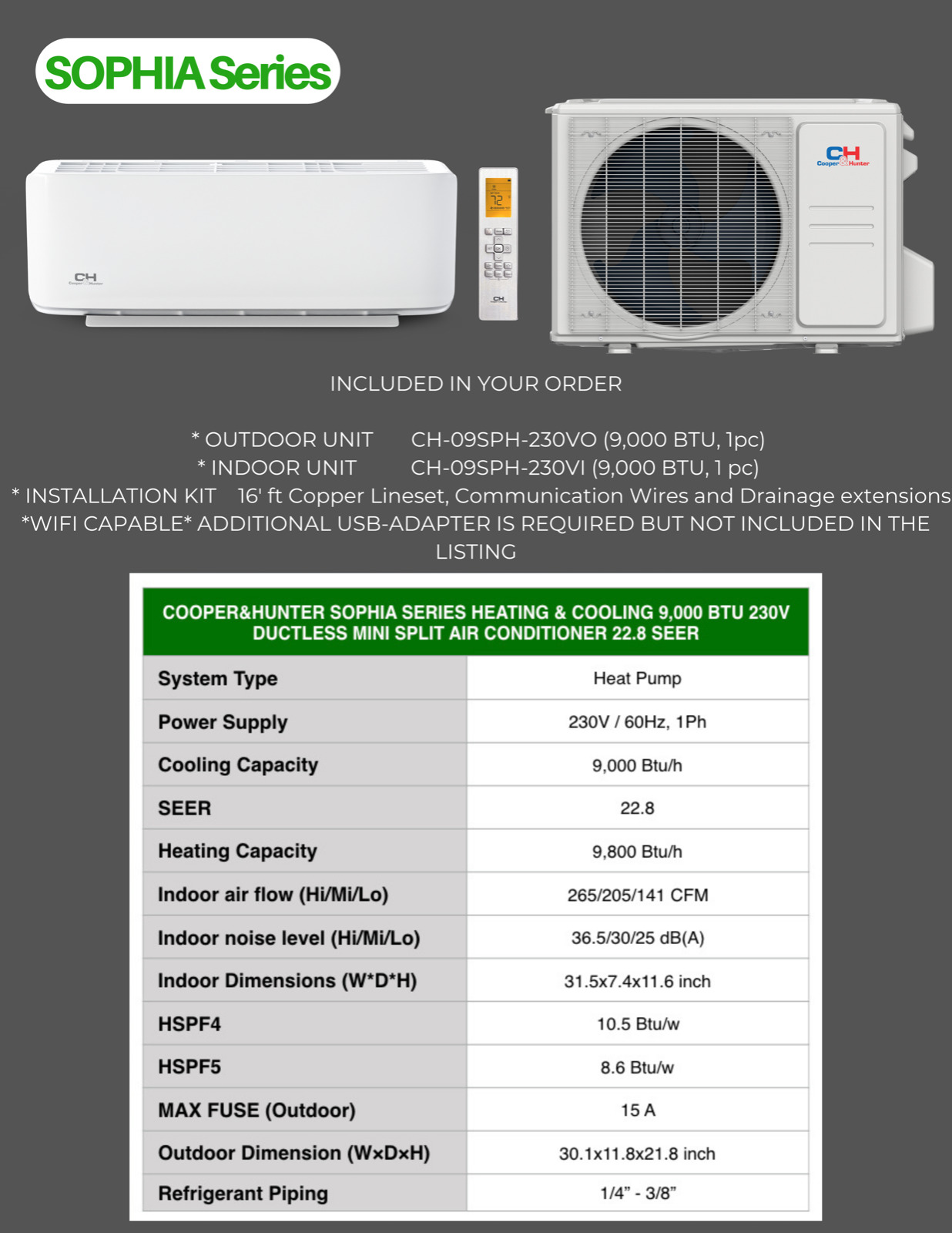 9000 - 36000 BTU 230V Single Zone Sophia Series Mini Split Air Conditioner + Kit