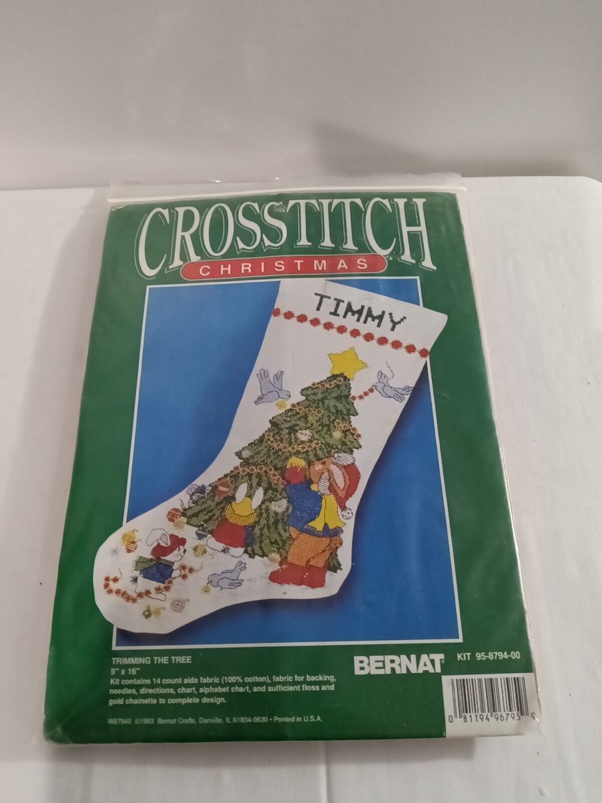 1993 Bernat Trimming the Tree Christmas Stocking Cross Stitch Kit 9 x 16 Inch