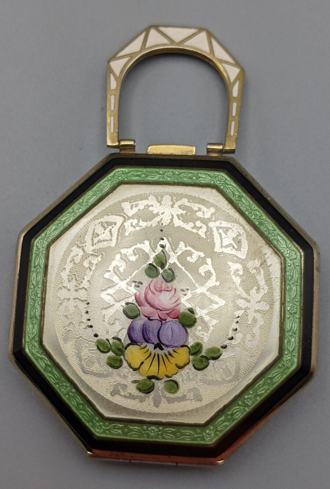 Antique R & G Co Guilloche Double Enameled Compact Pansy Rose Purse Handle 