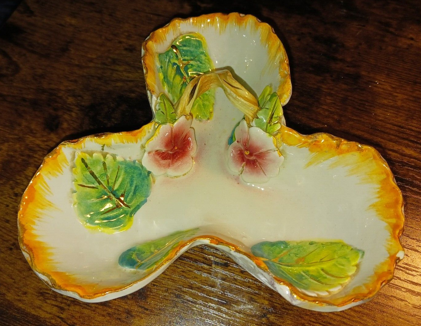 Italian Art Pottery 3 Part Handled Dish Applied Flowers Leavers Hand Painted \