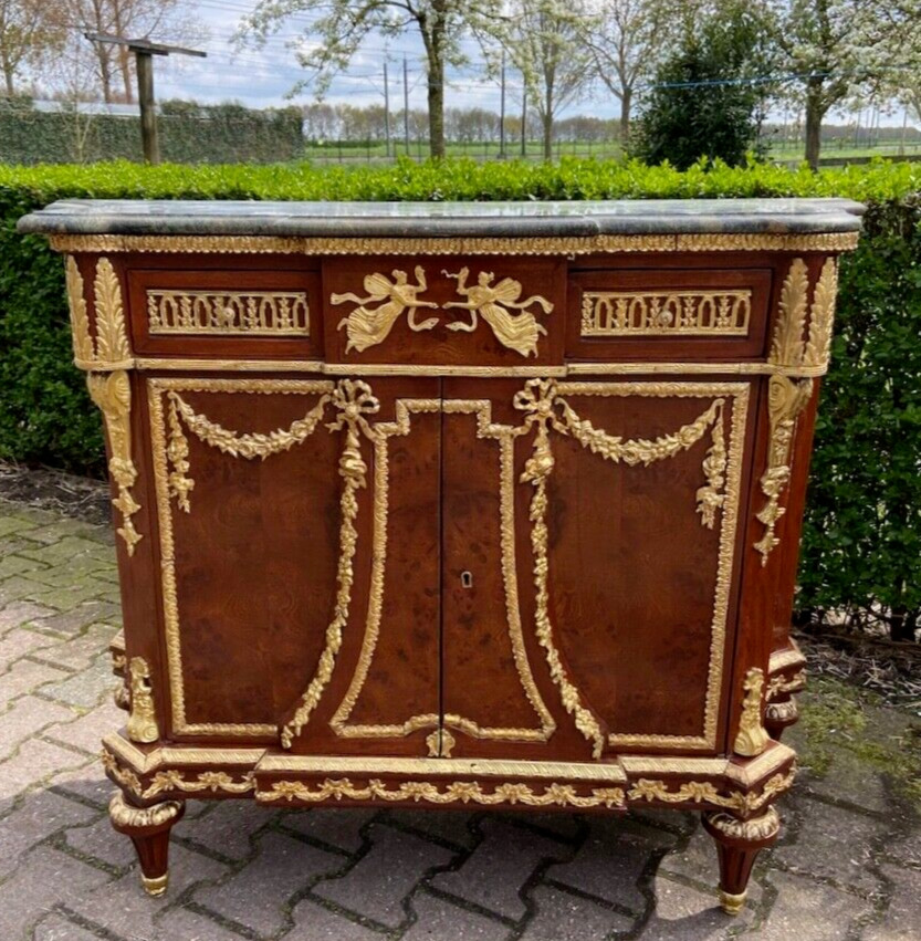 Antique Elegance: Mahogany/Beech Bahut/Buffet with Marble Top & Bronze Accents