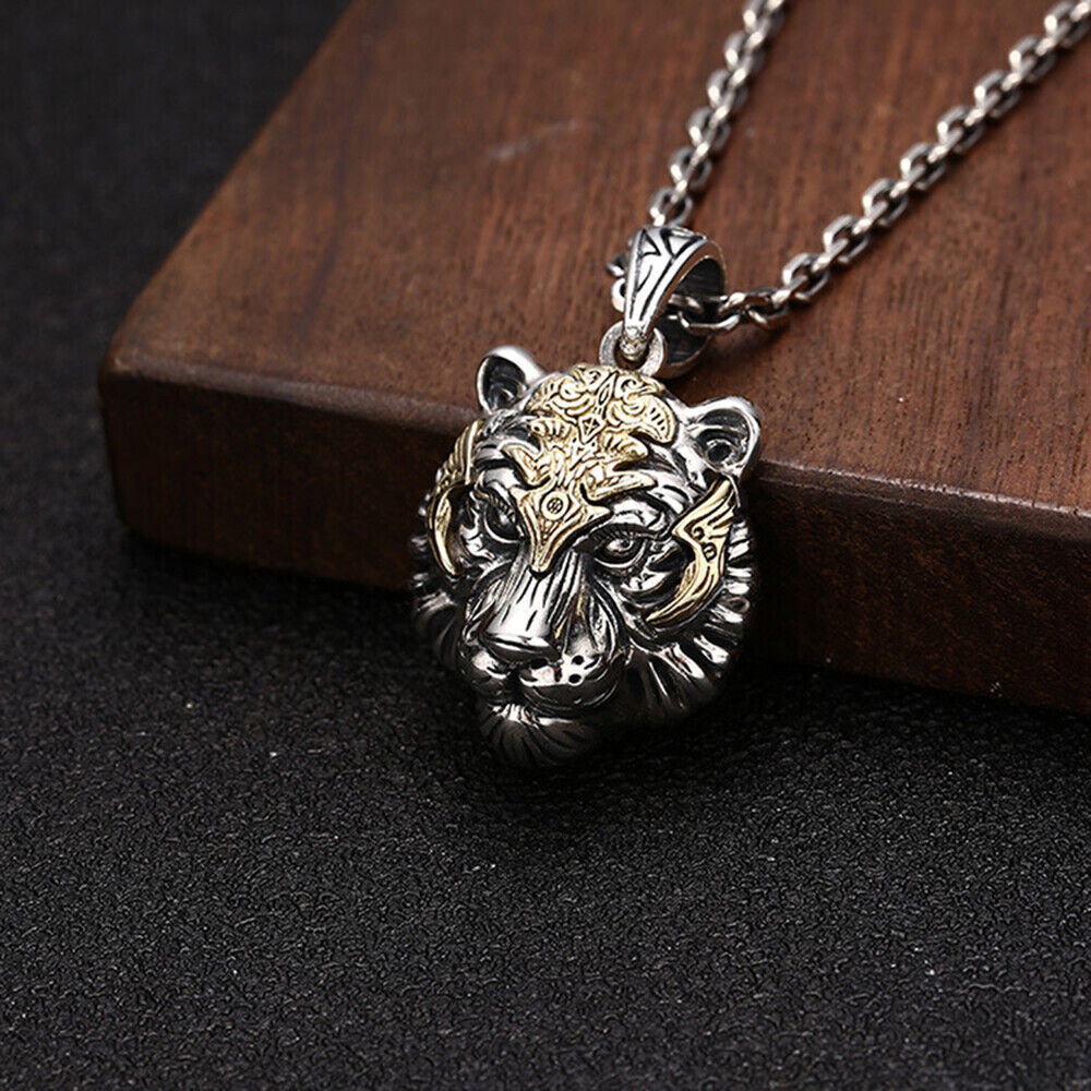 Real Solid 925 Sterling Silver Tiger Auspicious Blessings Pierced Pendants