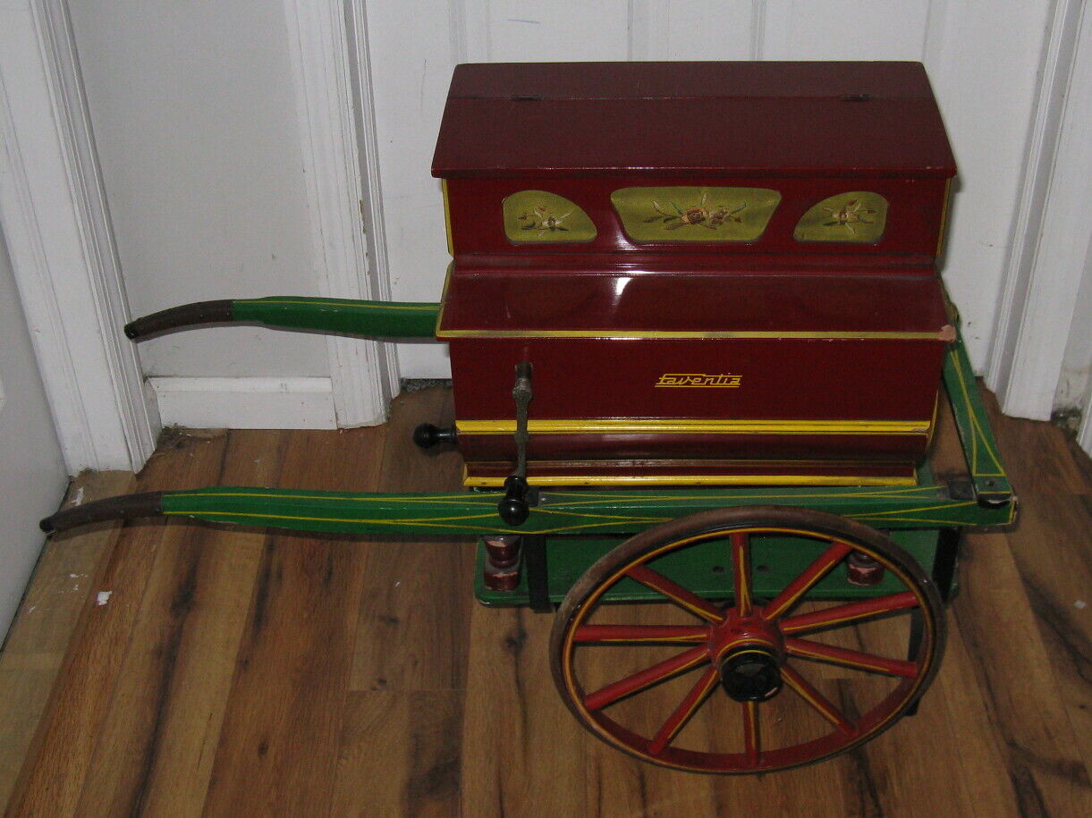 Antique VTG Llinares Faventia Barrel or Street Piano Organ Wood Cart Rare Spain