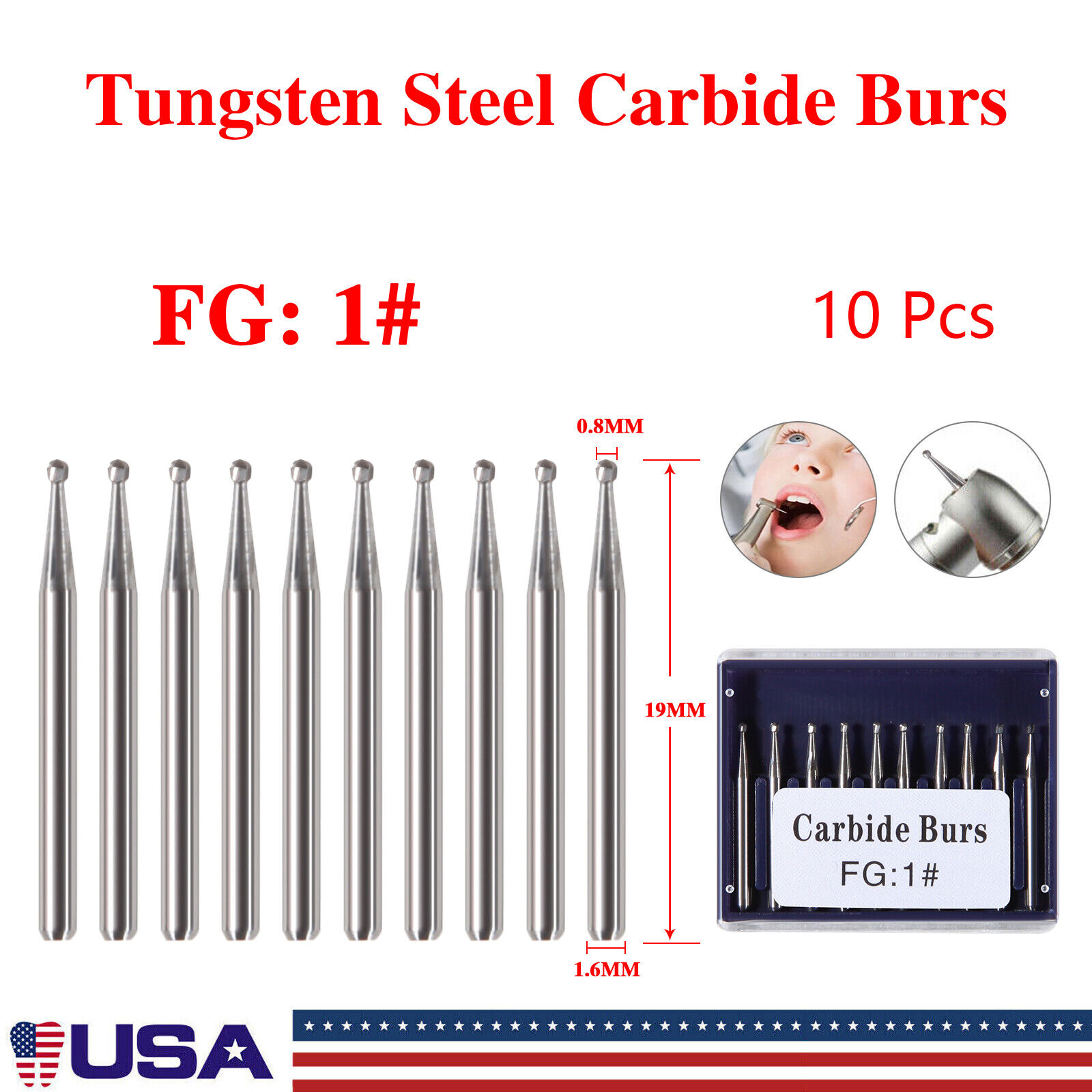 10pcs Dental Round Carbide Steel Burs for High Handpiece Friction Grip 1.6mm