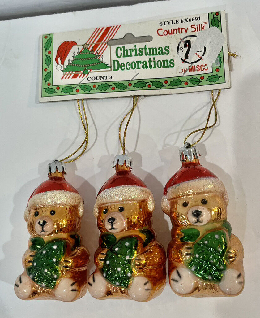 Vintage NOS Misco Plastic Bear Christmas Ornaments Set Of 3 Santa Hat Tree