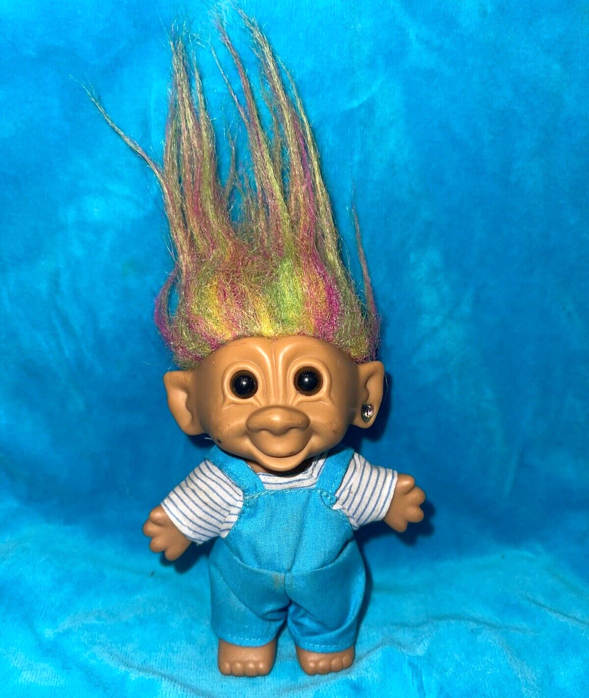 Vintage Bright of America Troll Toy Doll Blue Overalls Rainbow Hair Earring 4\