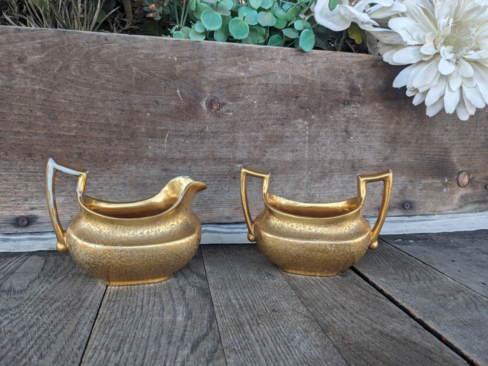 Vintage Art Deco Gold Encrusted Fine China Sugar Bowl & Creamer