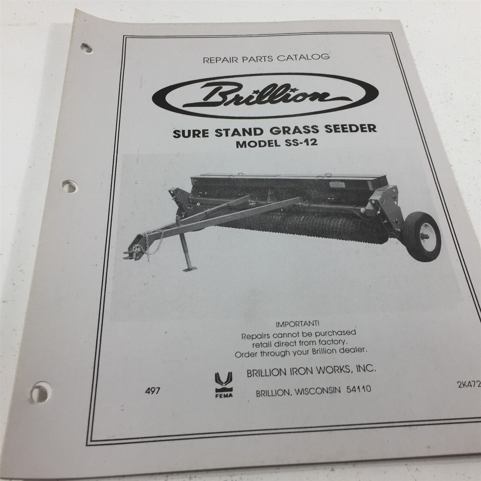 Genuine Brillion SS-12 Sure Stand Grass Seeder Parts Catalog 2K472 Dealer 1997