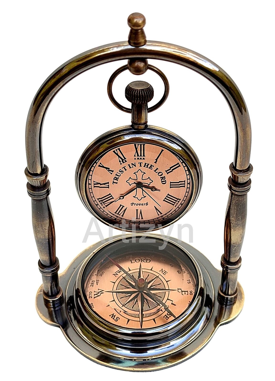 Trust in The Lord Engraved Brass Ship Desk Clock Nautical Camping Compass Rel...