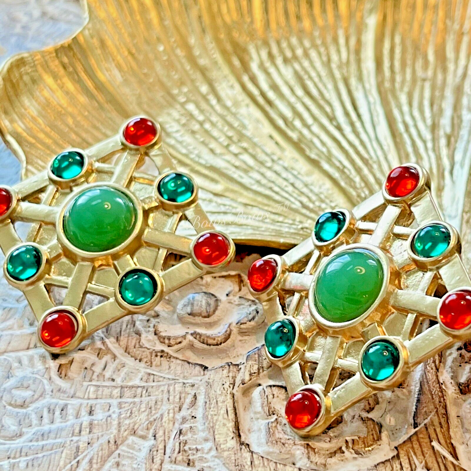 Brand NEW Vintage European Gold Plated Resin Earring Silver Post Green 1980