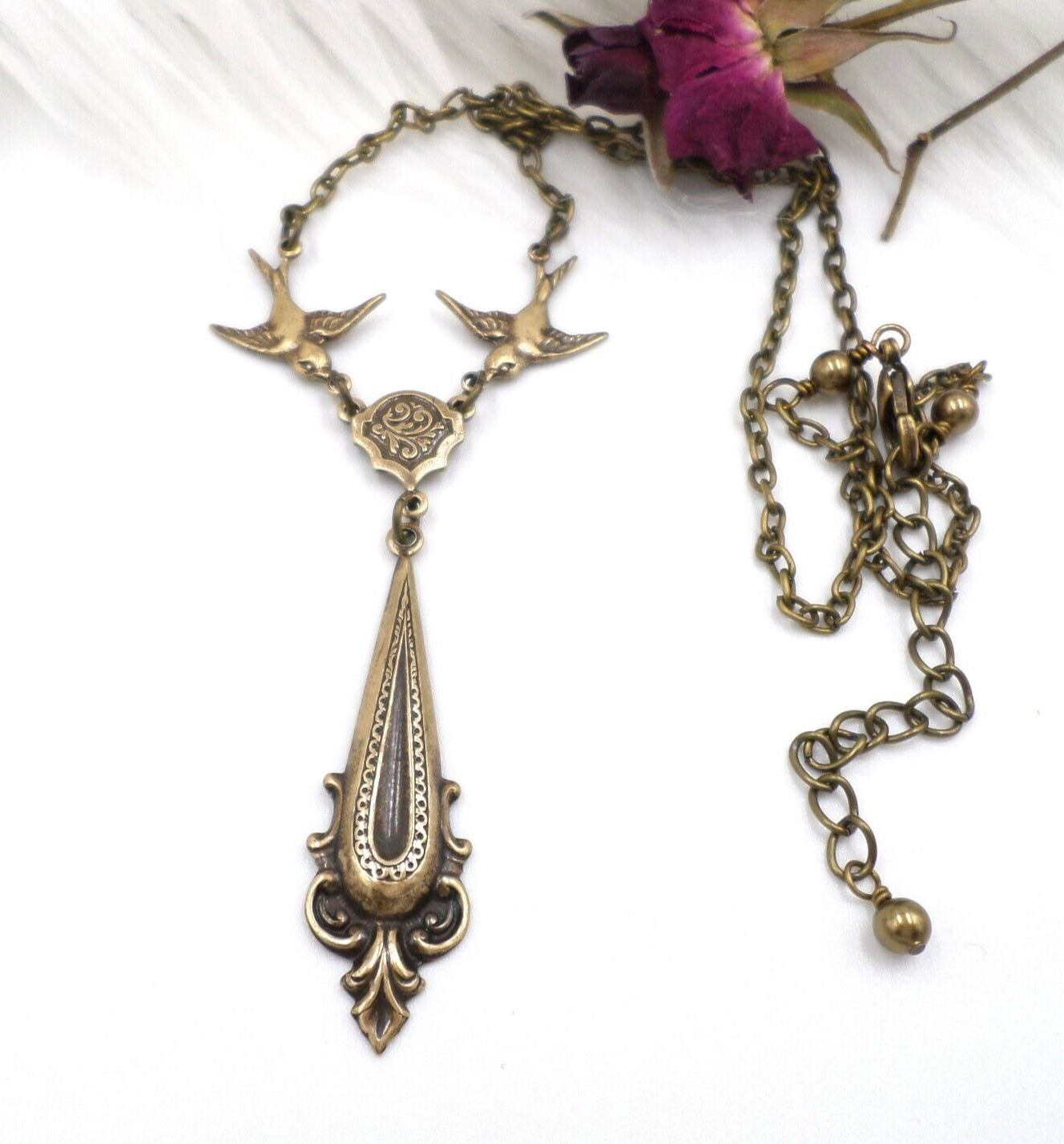 Victorian Brass Bird Necklace, Art Nouveau Delicate Swallow Jewelry, Bird Lover