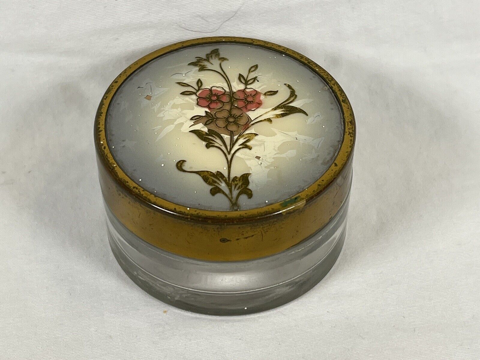 ATQ VTG Floral ART DECO DRESSER COSMETIC VANITY JAR GLASS CONTAINER Painted Lid