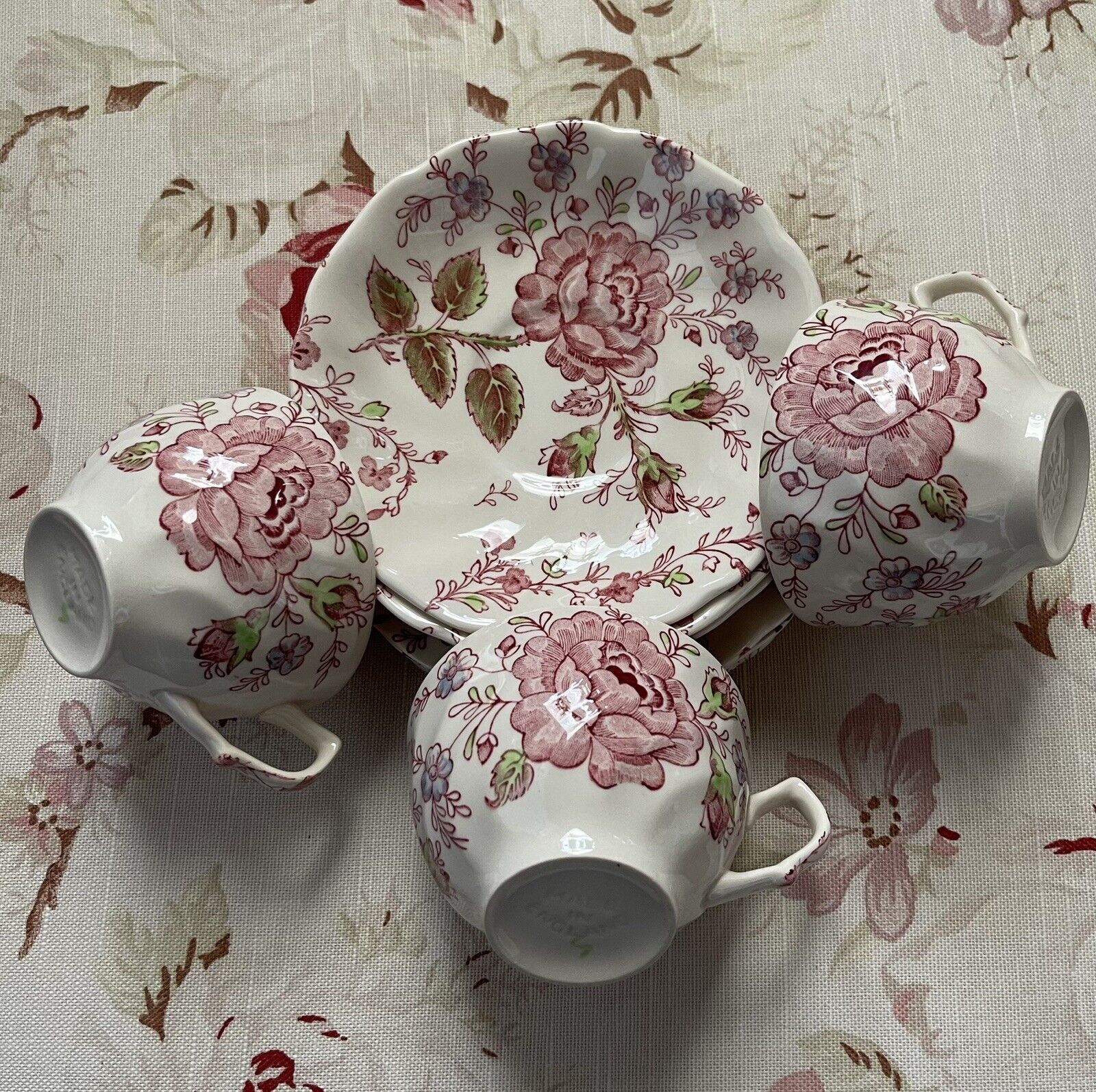 Vintage Johnson Brothers Rose Chintz Pink Lot of 3 Cups 3 Saucers 6 Bread Plates