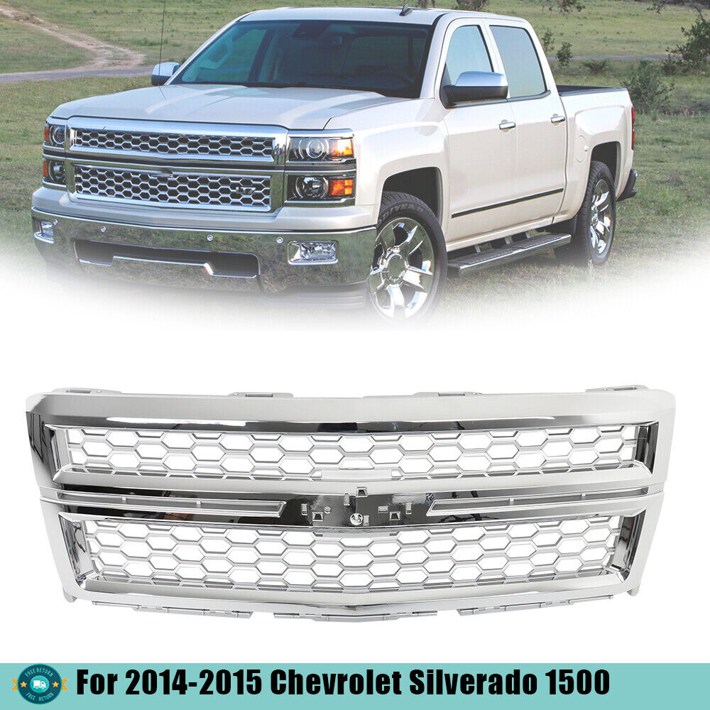 Front Grille For 2014-2015 Chevrolet Silverado 1500 Chrome+Silver 23259624