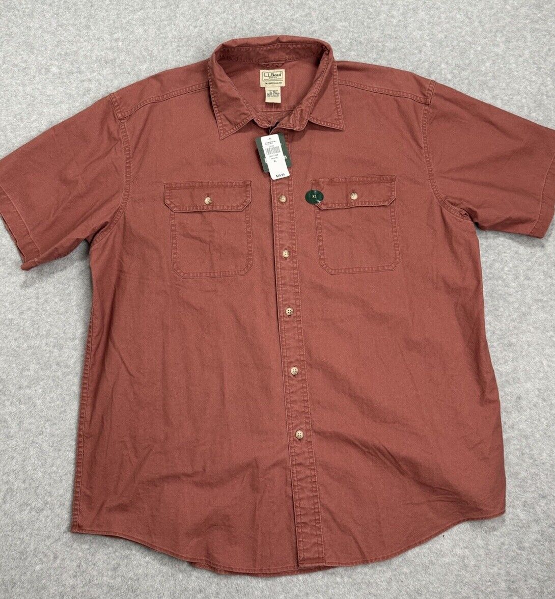 NWT LL Bean Shirt Men XL 100% Cotton Button Short Sleeve Double Pocket Chambray