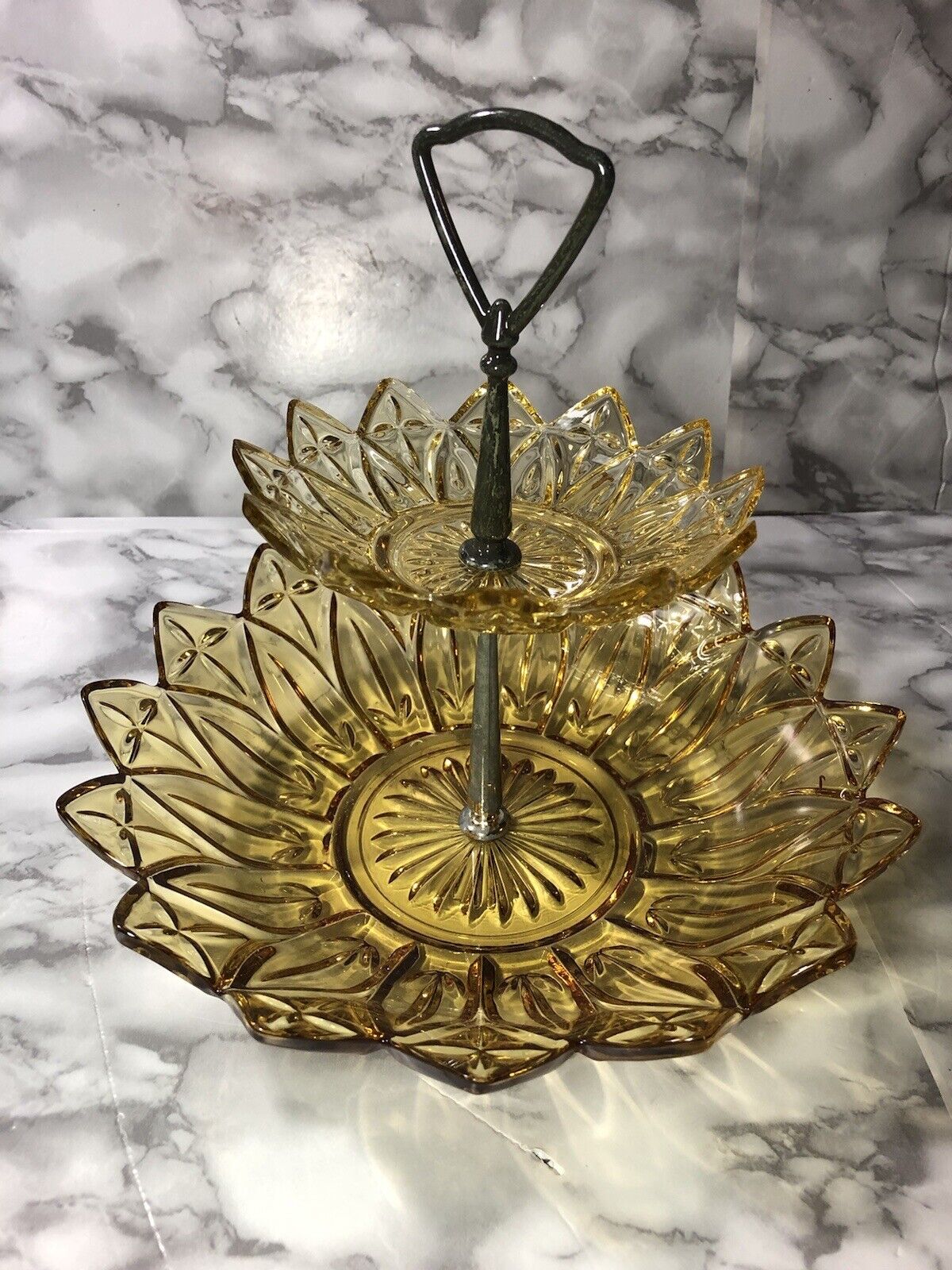 Vintage Federal Glass 2-Tier Yellow Petal Tidbit Serving Tray Exceptional 50’s