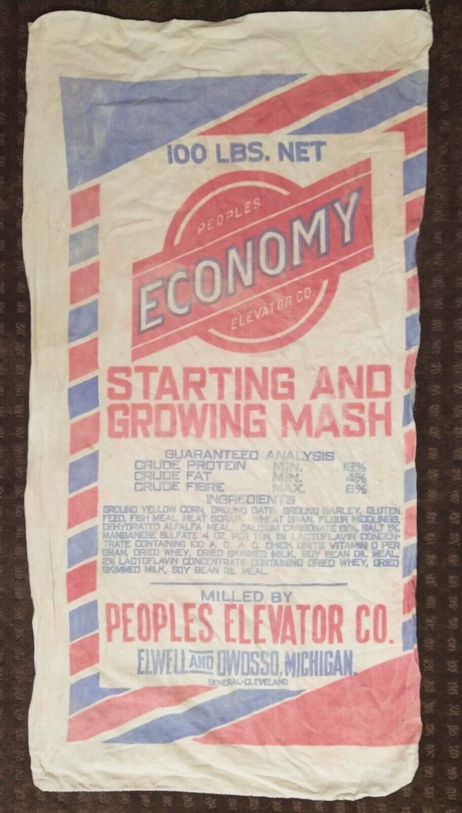 Vintage Economy Cloth Feed Grain Bag 100lbs, Chicken Mash, Red/White/Blue, Clean
