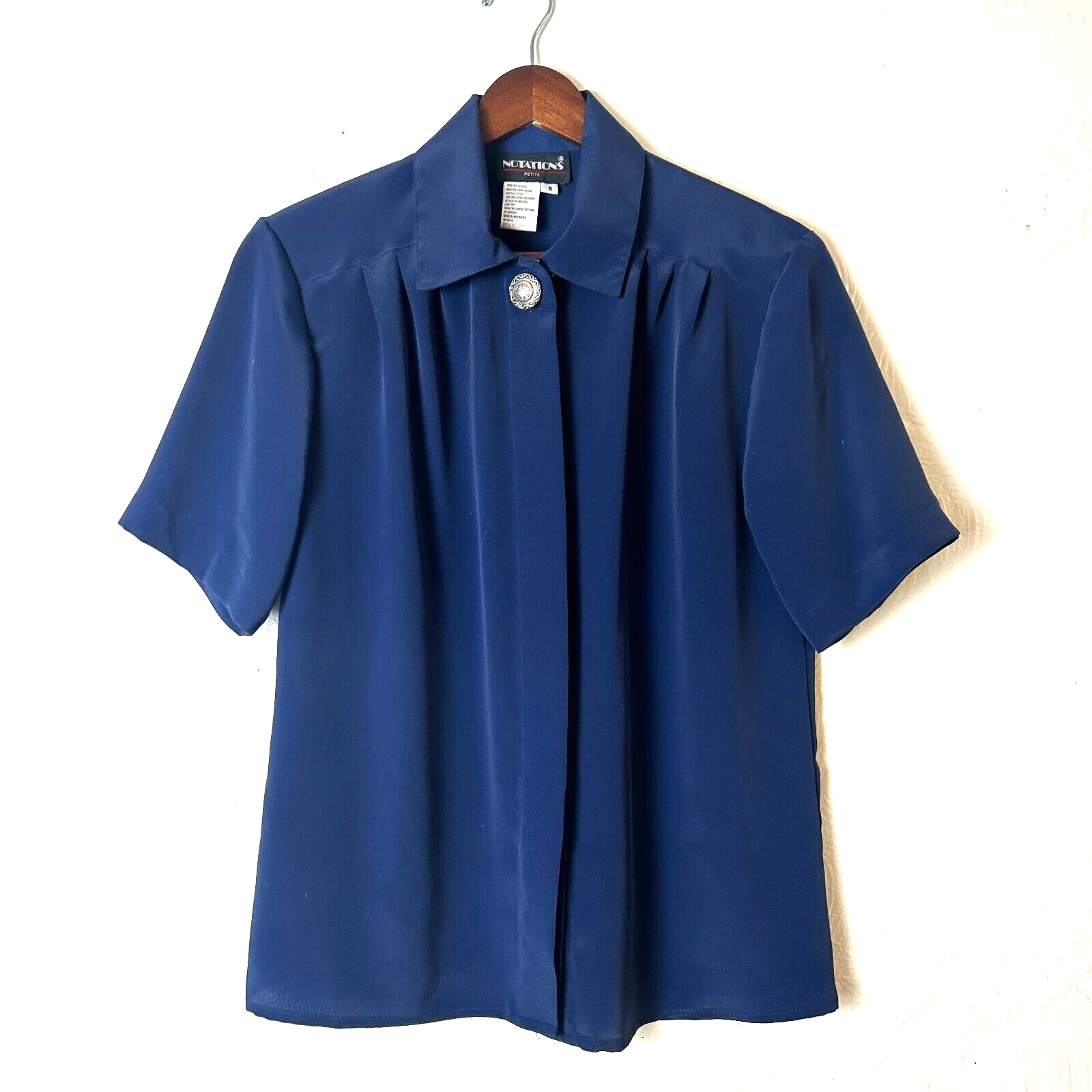 Vintage Notations Blouse Navy Blue Short Sleeve Button Collared Silky 90s Womens