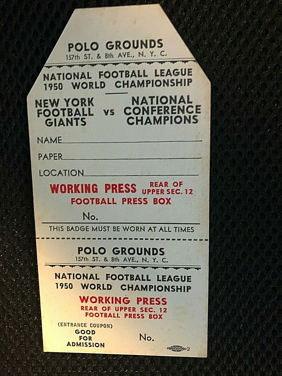 GIANTS (NFL) INSANELY RARE FULL ORIG. 1950 PHANTOM CHAMPIONSHIP GAME PRESS PASS