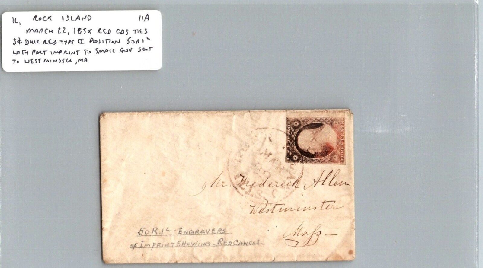 US Mar 22 185x Scott #11a CDS Postmarked Rock Island IL to Westminster MA Plated