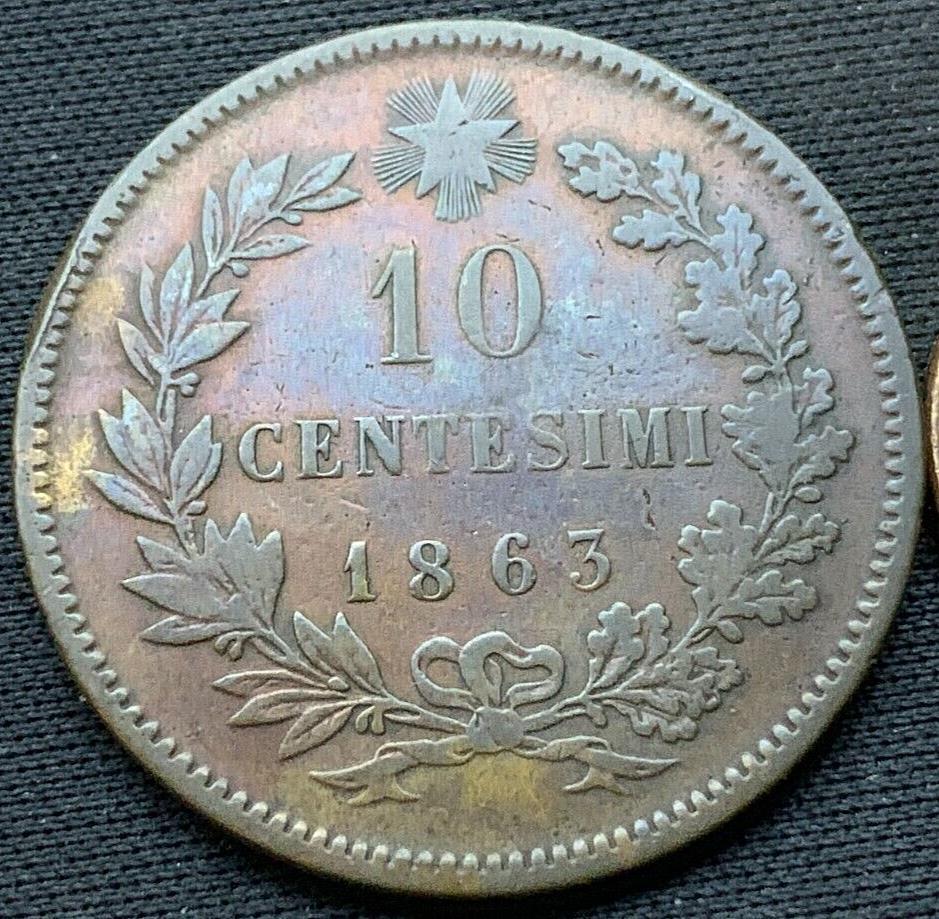 1863 Italy 10 Centesimi Coin VF  Vittorio Emanuele II    #L119