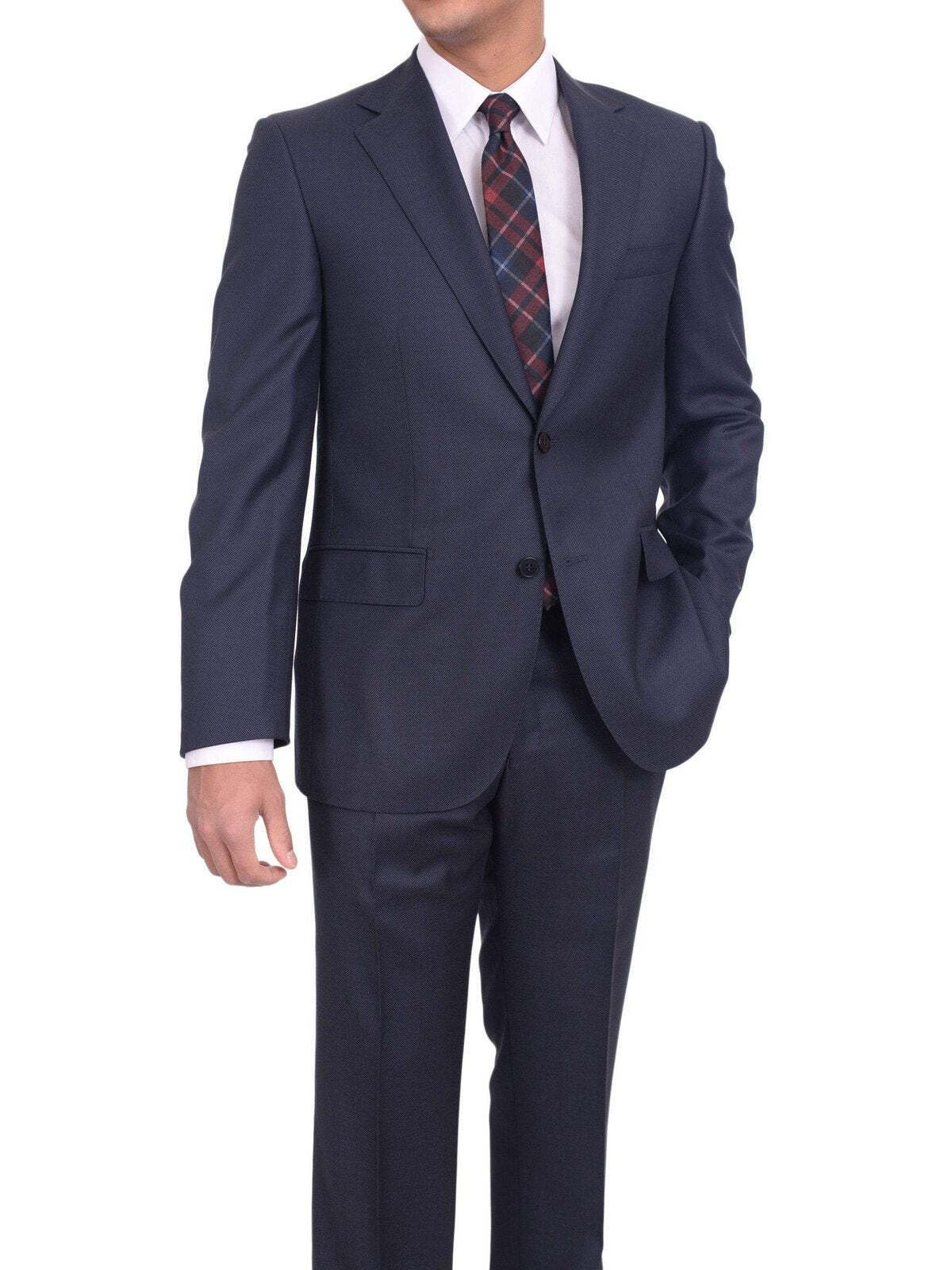 Men\'s Napoli Slim Fit Blue Textured Half Canvassed Super 160\'s 100% Wool Suit