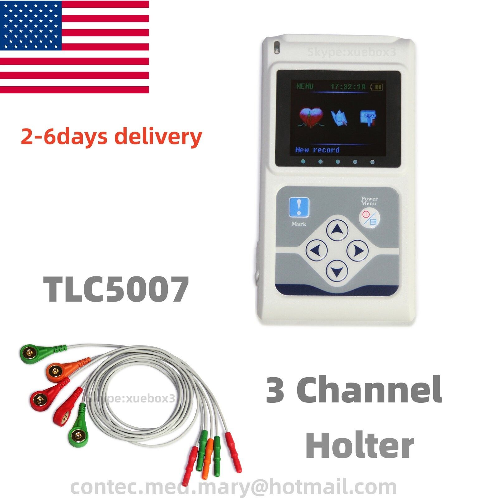 24hrs 3-Lead color EKG Holter ECG Recorder Monitor Software Analyzer TLC5007 FDA