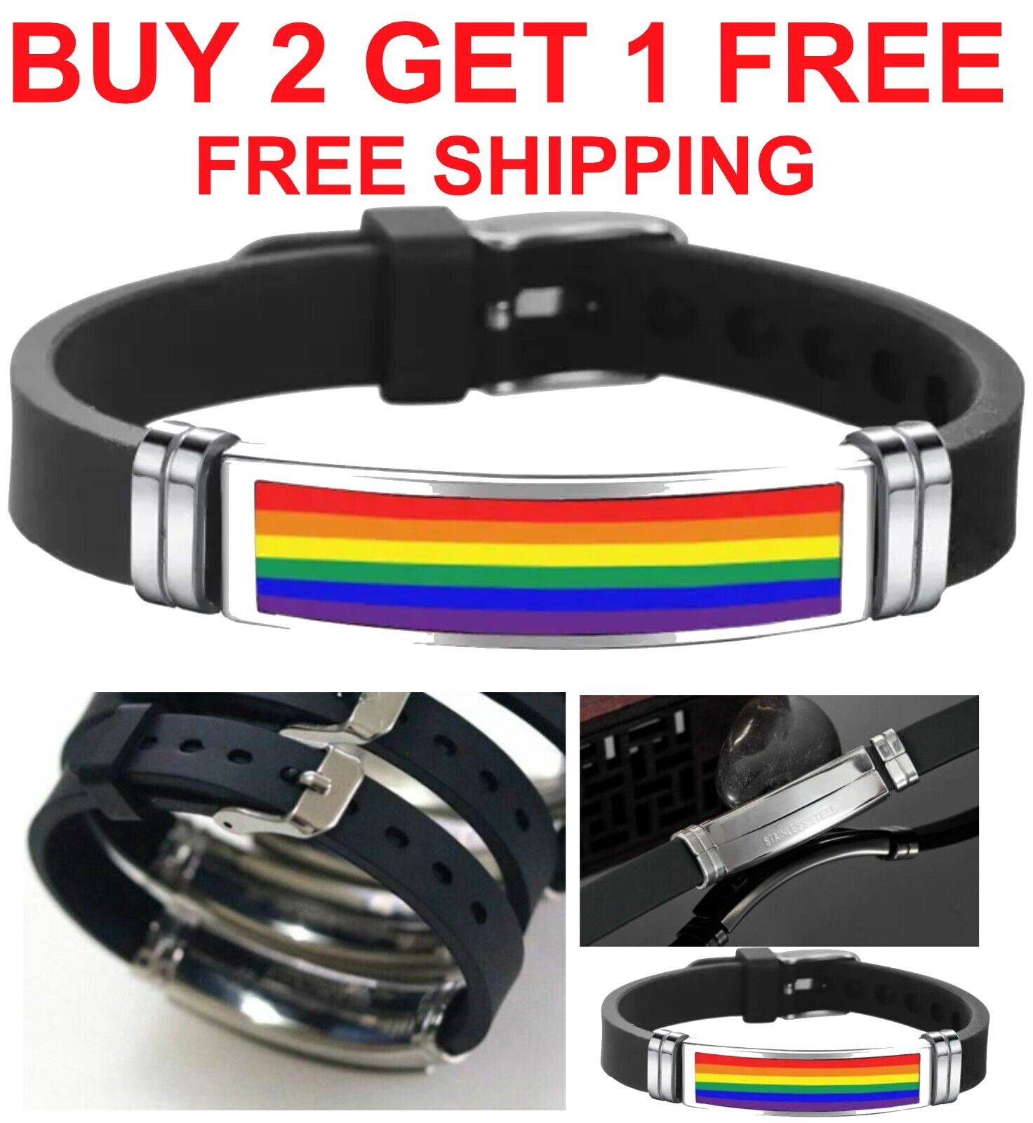 NEW Bracelet Silicone Rainbow Pride Gay LGBTQ Stainless Steel Wristband