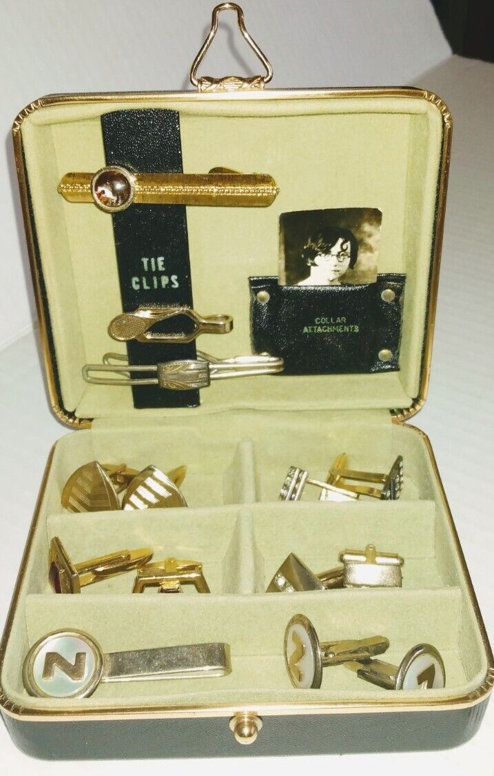 Vintage Masonic Tie Clip, Cuff Link, Collar Attachment Trinket Box & Contents