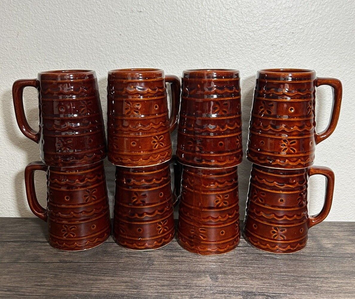 MARCREST Brown Daisy Dot Stoneware Beer Steins Lot of 4 Large Mug USA 2577