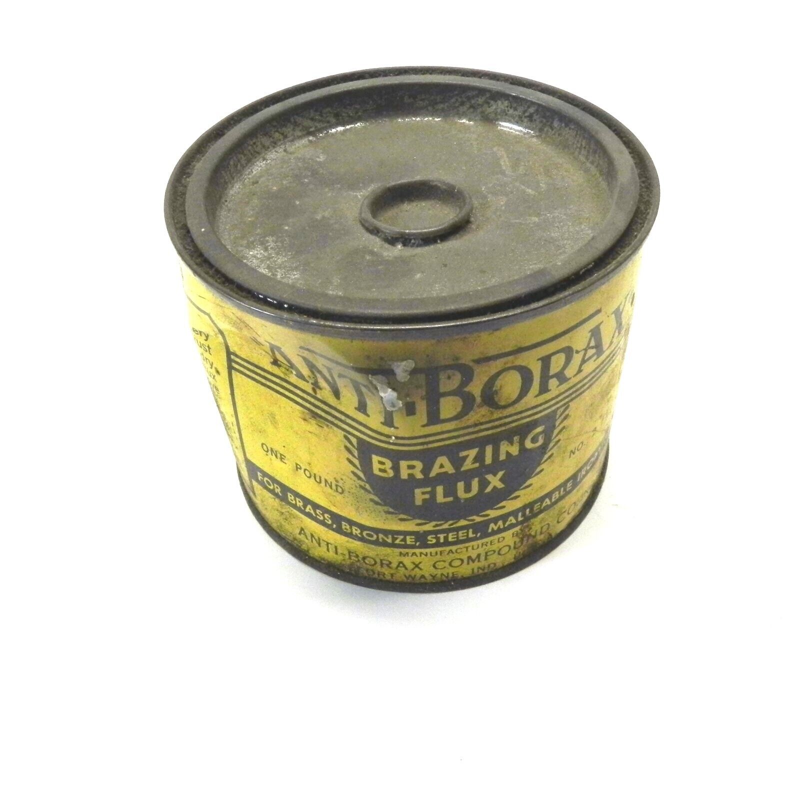 ANTI BORAX BRAZING FLUX CAN 1 LB CAN DRIED CONTENTS HALF FULL VINTAGE YELLOW CAN