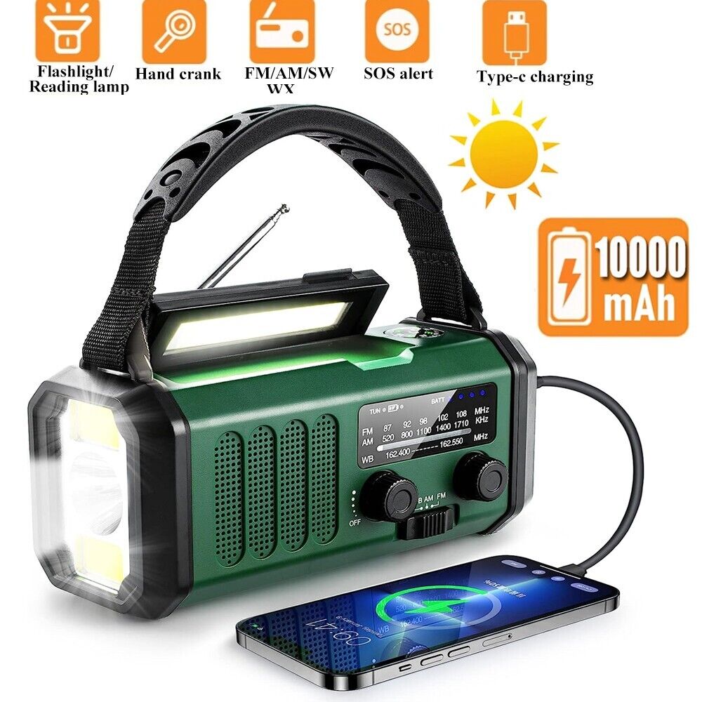 10000mAh Emergency Solar Hand Crank Weather Radio Portable AM/FM/SOS/NOAA/IPX5